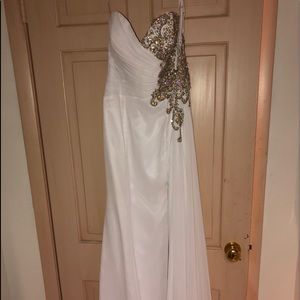 White strapless evening gown w/ gold embellishment